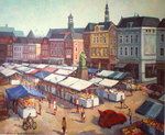 De marktschilderijen worden ter plekke getekend. De ene keer zijn het de gebouwen die belangrijk zijn en de andere keer de koopwaar op de markt