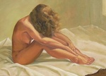 Na uitgebreide kennismaking en bestudering van de af te beelden persoon begin ik met de opzet van het portret.Voor een portret geef ik de voorkeur aan olieverf.
