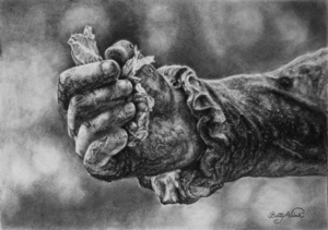 Tekeningen in verschillende technieken en materialen.