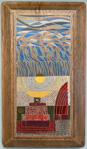 Hout en karton bewerkt met verschillende gereedschappen zoals zaag, stanleymes, priem en boor. Verschillende materialen gelijmd op de basis, zoals zand en lood.
Geschilderd met kwast en penseel