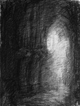 De tekeningen in de kerk ervaar ik als een reis in mijn onderbewuste, de kerk als baarmoeder waar licht en donker strijden met als inzet de mens