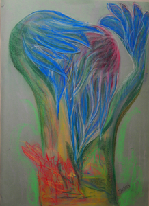 Pastel werk ik graag mee. Je kunt er gedachteloos en op een fantasie rijke manier met kleuren werken. Het wordt altijd anders als dat je denkt. Dit kan verrassend uitpakken.