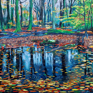 Serie landschappen gemaakt met snippers uit tijdschriften, vaak in combinatie met acrylverf.