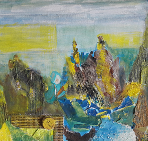 De collages zijn geplakt en geschilderd met materiaal als dun ribbelkarton, plastic broodclipjes en acrylverf op doek