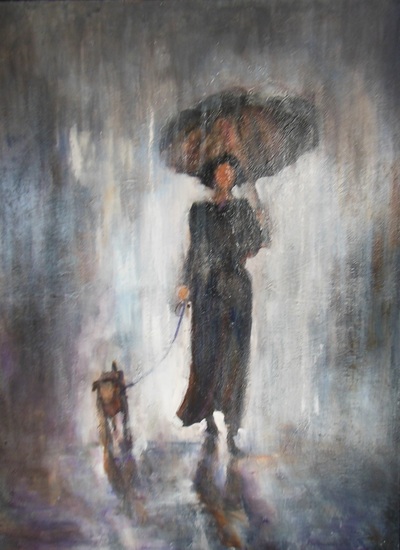 Vrouw met hond in de regen