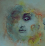 Zowel acryl, als aquarel. Soms aangevuld met pen of stift.