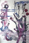 Grafiekproject In het Begin: Een serie afdrukken geïnspireerd door het fotoboek Leven van de fotograaf Frans Lanting. Intuïtief gemaakte monoprints die beelden oproepen van primitief leven en oervormen. Hier en daar zijn er delen van etsen in verwerkt.
