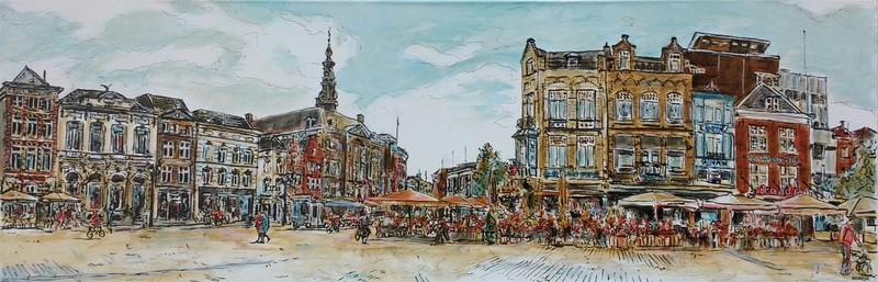 Markt, stadhuis, café's in kleur MARQUA181