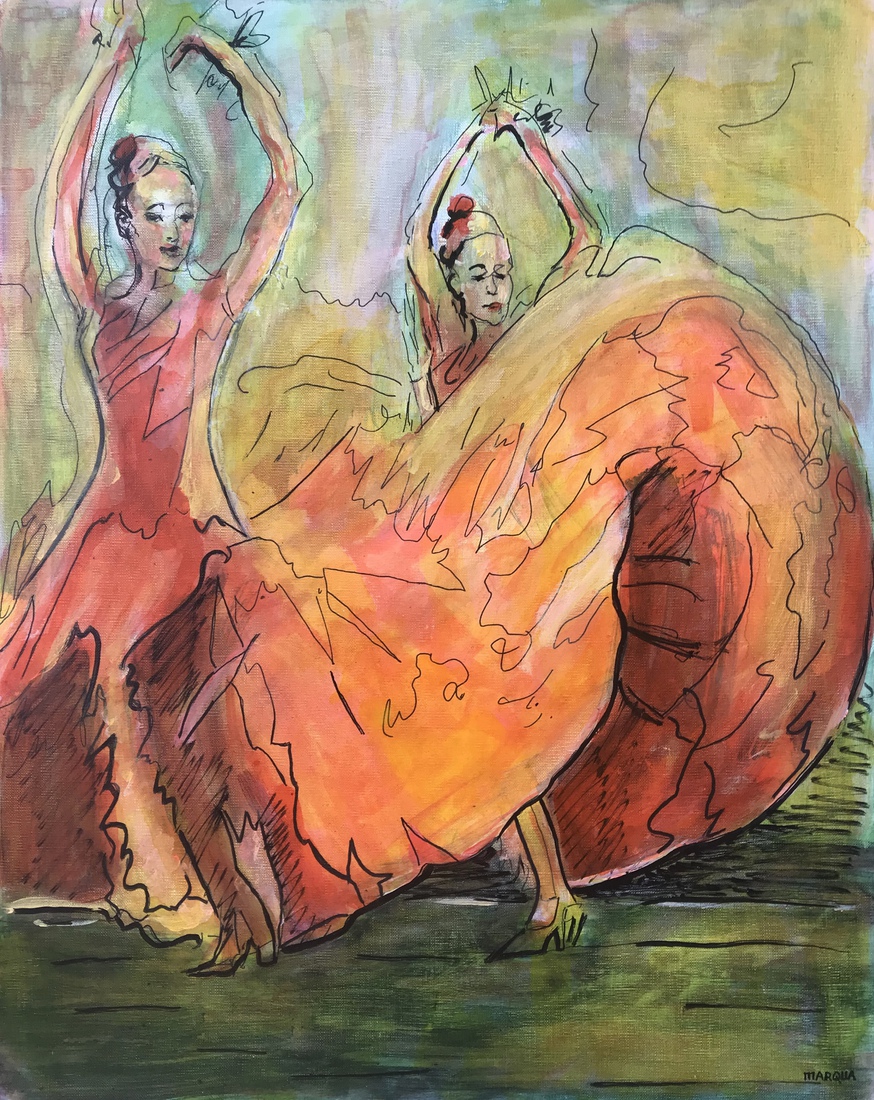 Twee danseressen in inkt op linnen doek € 325