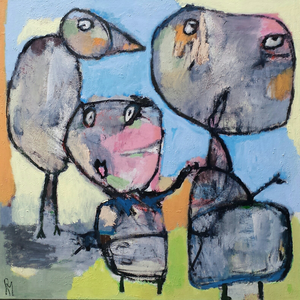 Kleurrijke olieverf en acryl schilderijen. Abstract met figuratieve elementen