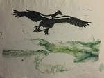 Lino druk op zelf geschept papier met zijde erin