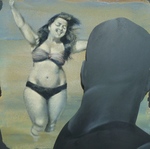 acryl op zand op mdf, de voyeur is gezaagd uit mdf, met acryl en krijt behandeld en op 2 cm afstand aan de lijst bevestigd