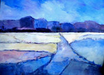 De kleuren van mijn winterlandschappen houd ik zo beperkt mogelijk. Het gaat om het moment en de sfeer die het schilderij oproept