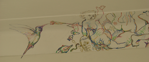 Tekening op een fries (360 x 21 cm) in het huis van een opdrachtgever.
Thuis is een plek waar je samenkomt met je familie en je zielsverwanten. Een plek waar niet over je geoordeeld wordt, een plek van troost. In deze rusteloze tijd verbindt kunst mensen, zoals het spoor de steden met hun stations verbindt. Datgene wat zich aandient, kan door kunst nabij worden gebracht. Met kunst daal je af in je ziel, kom je thuis.