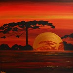 Afrikaanse landschappen met kleurrijke gouden zonsopkomst/zonsondergang en bomen in silhouet