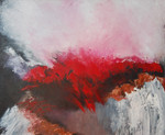 Abstract twee- en drieluiken uitgevoerd in rood. In de werken wordt nadruk gelegd op geometrische vormen in combinatie met nieuwe structuren.