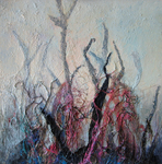 In de serie “ROOTS” hebben zowel echte bladeren en wortels uit de natuur als imaginaire wortels uit mijn verbeelding een plaats gekregen.