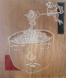 Schilderijen over maatschappelijke uitsluiting, emancipatie en kaas. Ik schilder zowel abstract als figuratief, maar vooral illustratief.