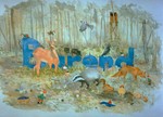 aquarellen, bestaand uit de naam van een kind, omringd door een aantal door opdrachtgever aangegeven 'ingrediƫnten'(afgezien nog van de kleur van de letters), waardoor het heel persoonlijk en illustratief wordt, bedoeld voor een baby/kinderkamer.