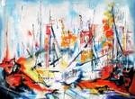 Abstract Impasto Olieverf van zeilboten en havens