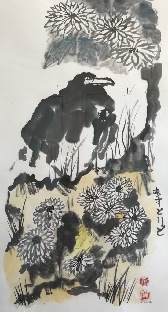 Crow with chrysanthemums