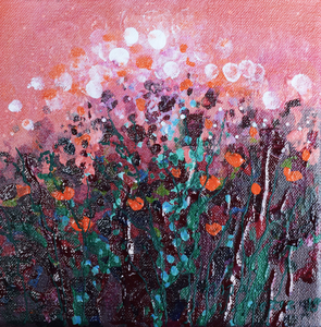 fraaie schilderijen met geabstaheerde bloemen - en natuurmotieven op klein formaat