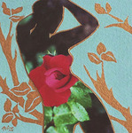 Vrouwenfiguren (gesneden uit analoge bloemenfoto's) op stevig geruwd aquarelpapier (Waterford rough). Achtergronden zijn geschilderd met gouacheverf in goudkleur en groen/blauw. Beeldformaat 17 x 17 cm. Wordt geleverd in een roomwit passe-partout van 30 x 30cm.