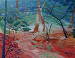 Landschap en bos schilderijen maak ik binnen naar afbeelding en buiten in de bossen. Ik wandel daar vaak en verzamel beelden die ik later weer verwerk in een schilderij.