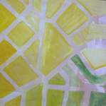 De in dit project vierkante met acrylverf beschilderde schilderijen kenmerken zich door verrassend kleurgebruik. De kleuren zijn fel en zacht tegelijk. De schilderijen zijn druk maar stralen toch een bepaalde rust uit. Geordend door middel van lijnen en vlakken.
