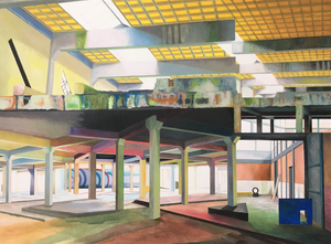 Deze schilderijen zijn samengesteld uit een verzameling van meerdere indrukken van een plaats. Ze komen vaak voort uit een collage van foto´s die ik maak op een locatie die me raakt. Binnen een schilderij ontstaat een verzameling perspectieven, ruimtes, lagen en kleuren. Ze vormen samen de sfeer van het bouwwerk.