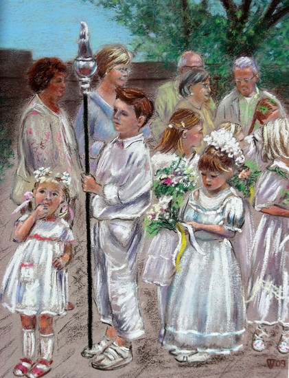 Groep bruidjes en een jonkertje Sint Jansprocessie