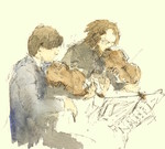 Deze schetsen zijn altijd ter plekke gemaakt met pen op papier, later voeg ik kleur toe met aquarel. Waar ik ook ben schets ik mensen die ik tegenkom in verschillende situaties. De schetsen vormen verder de basis voor mijn schilderijen.