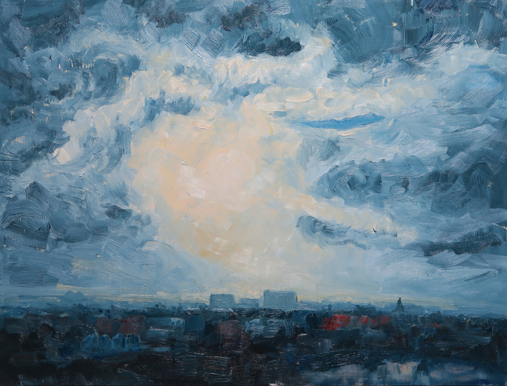 Zonsopkomst over Hooglanderveen. Olieverf 50 * 65 cm