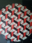 De techniek quilten die bij deze schilderijen gebruikt worden, bestaat uit het vouwen van modulen die in elkaar gestoken, geometrische vormen geven.