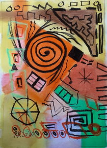 mixed media op papier van diverse materialen o.a oliepastel,softpastel,markers,houtskool,balpoint,ecoline inkt,kleurpotlood.