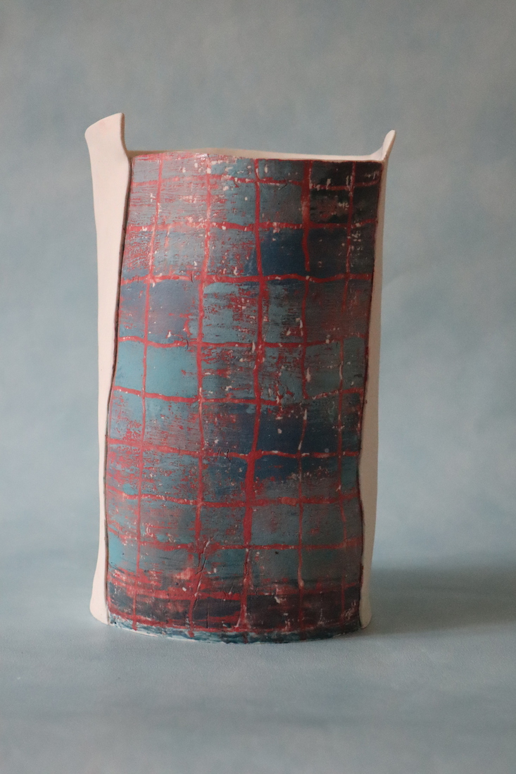 Vaas met monoprint Schotse ruit
