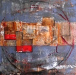 Wanneer ik met acryl werk, voeg ik vaak andere materialen toe. Ik begin eigenlijk altijd eerst met een ondergrond, die kan bestaan uit: acryl, zand, tegellijm, papier. Vandaaruit ga ik aan de slag, ik hou van werken met lagen.