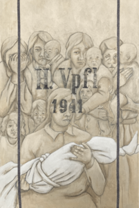 Deze werken zijn geschilderd op een Duitse postzak uit 1941, compleet met adelaar en hakenkruis.
Post, pakketjes en boodschappen vonden in deze zak hun weg van zender naar ontvanger. Veel brieven hebben hun ontvanger echter nooit gevonden. Zij werden verstuurd uit de concentratiekampen en door jongens en mannen die dwangarbeid moesten verrichten.
Toen na de oorlog alle verschrikkingen boven tafel kwamen, was er een duidelijk antwoord: “Nie Wieder”.