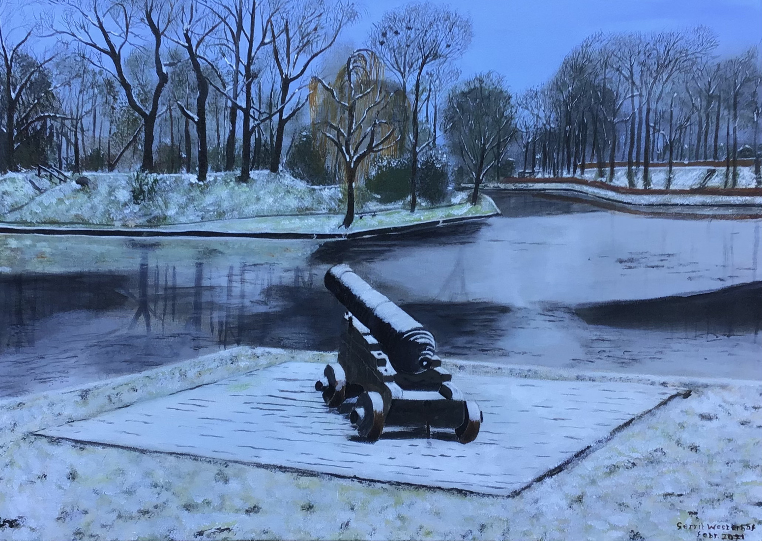 Zicht op halve maan in de winter in vestingstad Groenlo