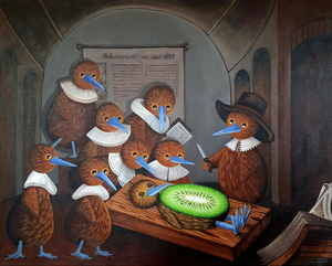 Parodie op de oude meester Pamela heeft haar eigen kijk op een oude beroemde schilderijen uit het verleden uiteraart met vogel
