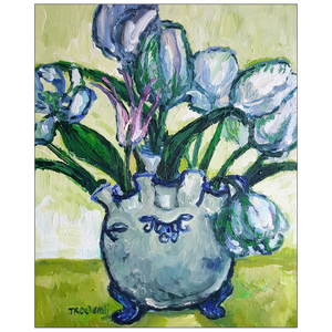 Expressionist work of mostly fruits, flowers and fish with use of brushstroke and intense colours.