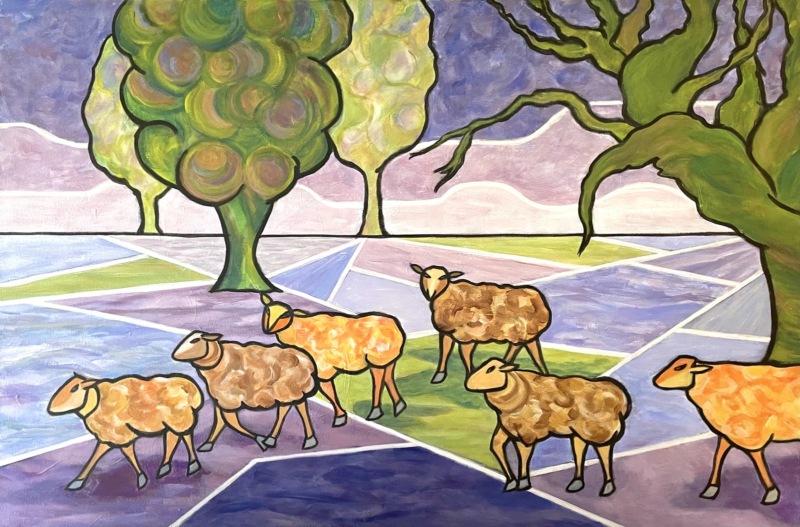 Kudde schapen op de bloeiende hei