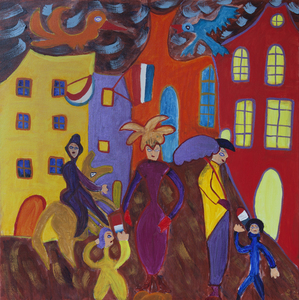Het werk is expressief en figuratief In deze schilderijen figureren allerlei wezens, die met elkaar communiceren. Soms lijken ze te dansen, soms te vechten, soms weet je niet precies wat ze doen. Maar dat er iets gaande is, is zeker.