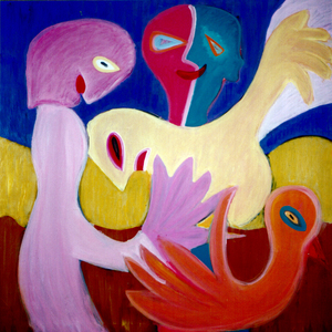 Het werk is expressief en figuratief In deze schilderijen figureren allerlei wezens, die met elkaar communiceren. Soms lijken ze te dansen, soms te vechten, soms weet je niet precies wat ze doen. Maar dat er iets gaande is, is zeker.