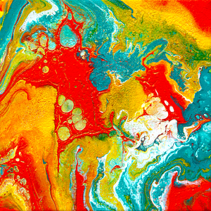 Abstract acrylic paintings in a very fluid technique, involving pouring of paint. Most of them are a small size.