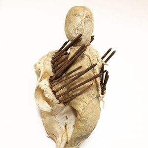 Mijn sculpturen ontstaan door een samenvloeiing van verschillende materialen.
Ik gebruik voornamelijk textiel,papier,hout, botten en metaal .
Vormen zij een wereld op zich of een zicht op de wereld?