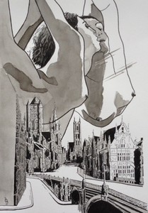 tekeningen in potlood, balpen, chinese inkt, kleistiften,houtskool of aquarel.