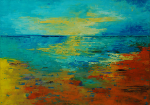 Unieke, abstracte en impressionistische landschapsschilderijen van de kust van de Atlantische oceaan bij de Costa Vicentina, Alentejo, Portugal, geschilderd met olieverf en paletmes door Saroja. Deze serie schilderijen zijn ingelijst. Dit zijn middelgrote canvassen.