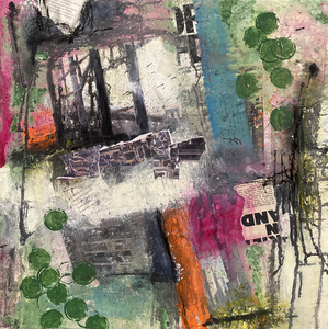 Collage techniek met acryl, pastelkrijt en diverse materialen