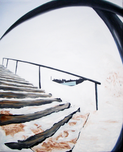 De Non-place serie is geïnspireerd door beelden uit de skate- en snowboardcultuur. In deze schilderijen ontstaan speciale perspectieven, mooie kleuren en vreemd gevormde schaduwpartijen.